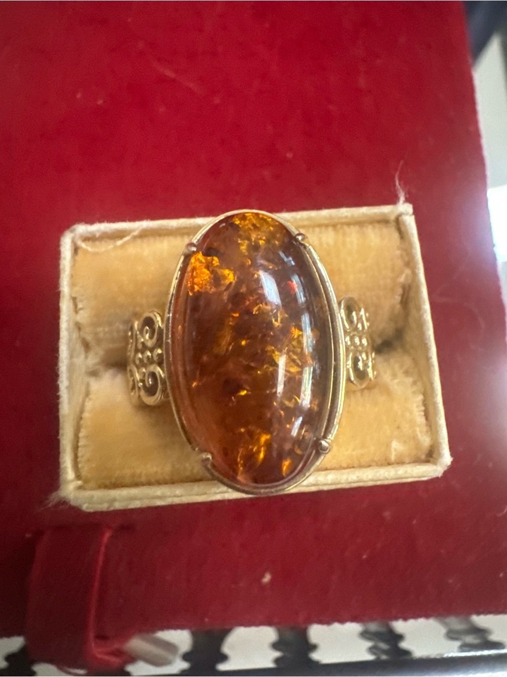 Oval Amber Cabochon Ring in Gold-Tone Filigree
